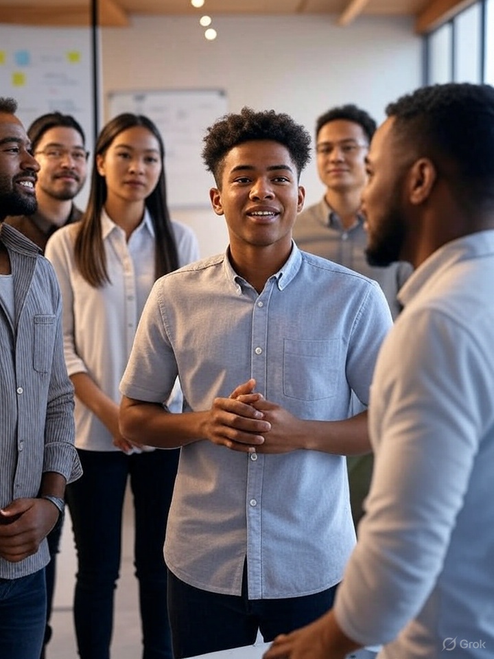 A diverse team listening to a junior employee sharing ideas in a psychologically safe workspace.