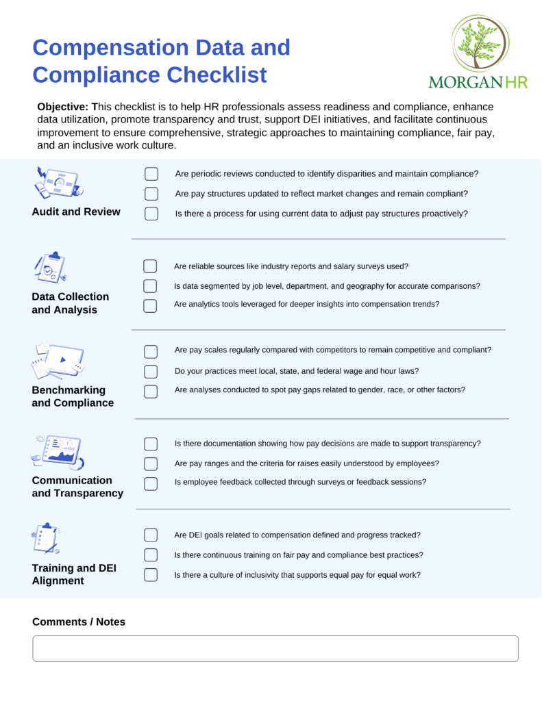 HR Compensation Data and Compliance Checklist for assessing compliance, fair pay practices, and data utilization.