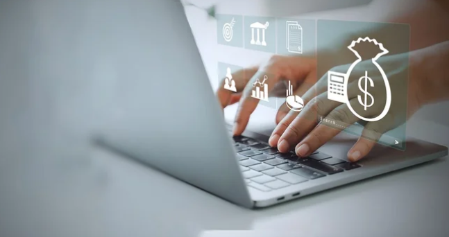 Hands typing on a laptop with overlay icons representing financial data, pay structures, and compensation strategies.