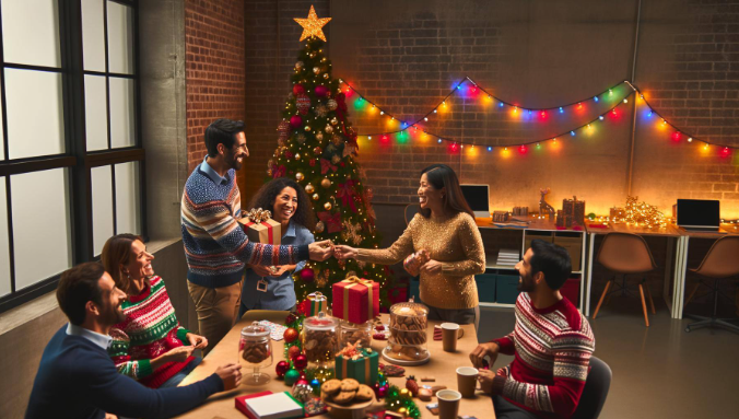 Employees celebrating the holidays with a team gathering, showcasing the impact of non-monetary rewards like time off and workplace flexibility.