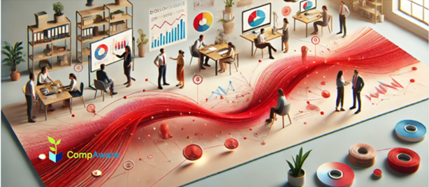 A vibrant office scene with employees collaborating around data visualizations and charts, featuring a flowing red graph connecting various workstations. The CompAware logo is visible in the bottom left corner, symbolizing dynamic analytics and teamwork.