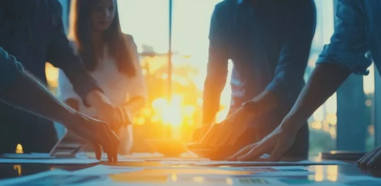 A team of professionals in a modern office collaborating on strategic goal-setting, with a focus on data displayed on a large screen.