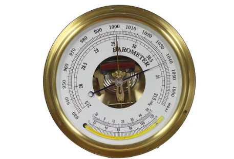 Gold-framed barometer with a white gauge displaying pressure measurements, symbolizing self-assessment and role calibration.