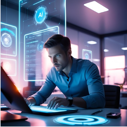 A professional reviewing AI-driven job requirements on a futuristic computer interface