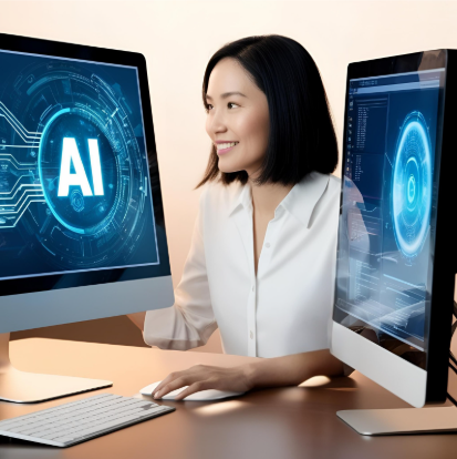 Professional woman at a desk using two computer monitors with AI interfaces