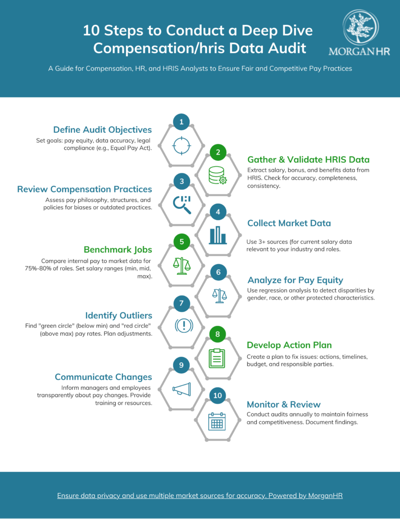 Infographic outlining the 10-step process for conducting a deep dive Compensation/HRIS Data Audit, including data validation, pay equity analysis, and market benchmarking.