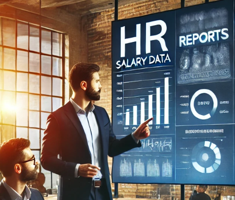 HR professionals analyzing salary data and compensation reports for benchmarking.