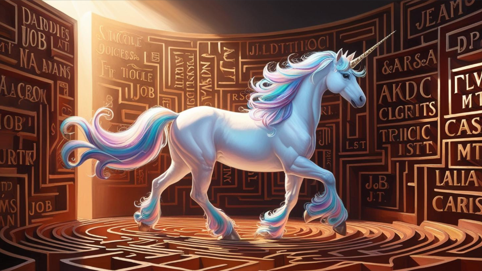 A unicorn walking through a maze of tangled job titles