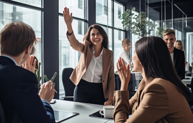 Administrative professionals receiving recognition and rewards in a modern office.