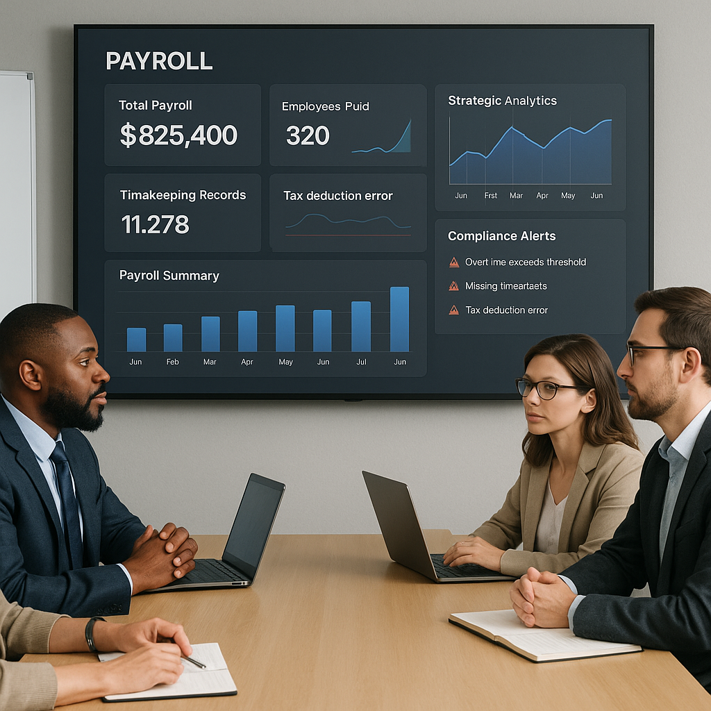 Compensation and payroll leaders analyzing payroll dashboard
