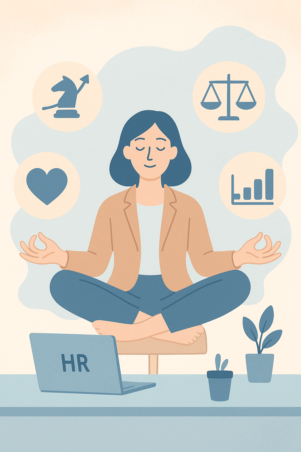 HR leader meditating surrounded by icons of balance and strategy