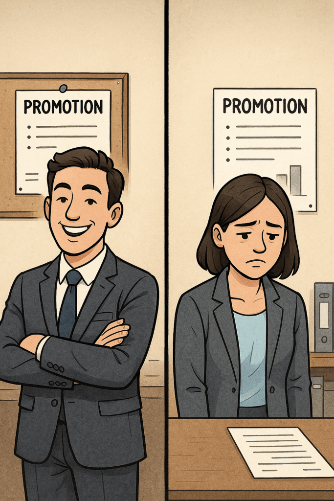 Two employees react differently to the same promotion—smiling vs. dissatisfied—highlighting career engagement differences.