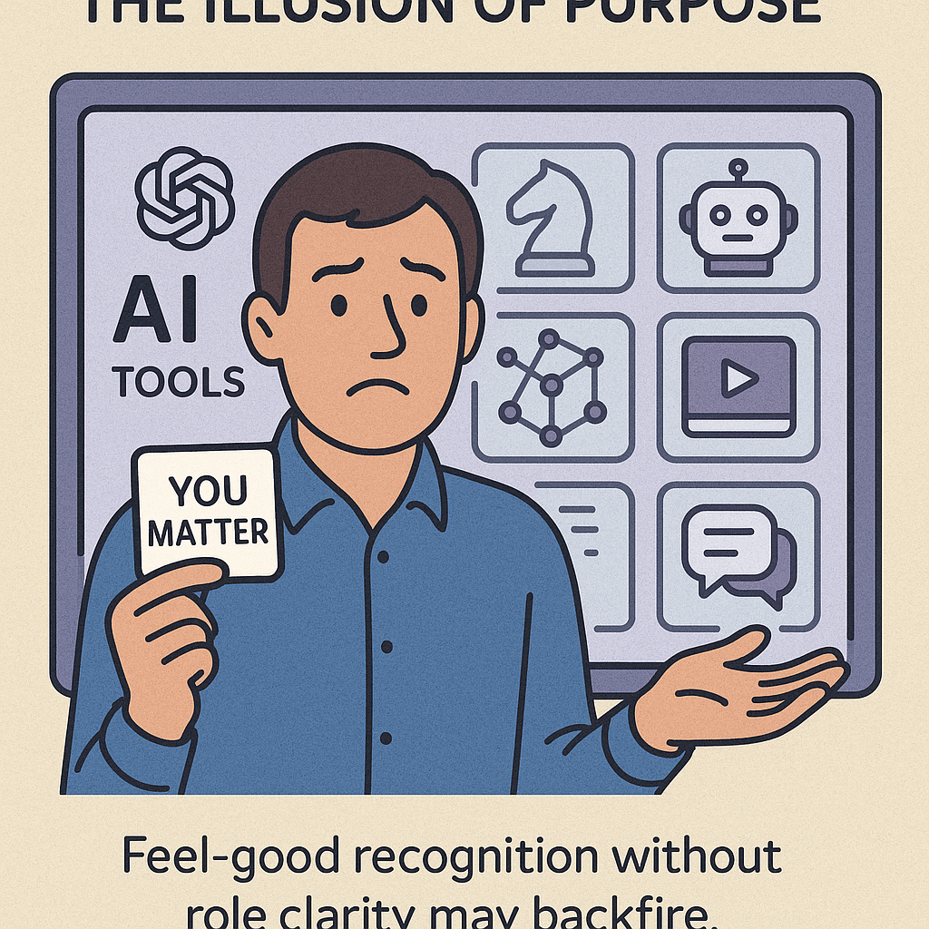 Employee holding a “You Matter” card, looking confused in front of a screen of AI tools