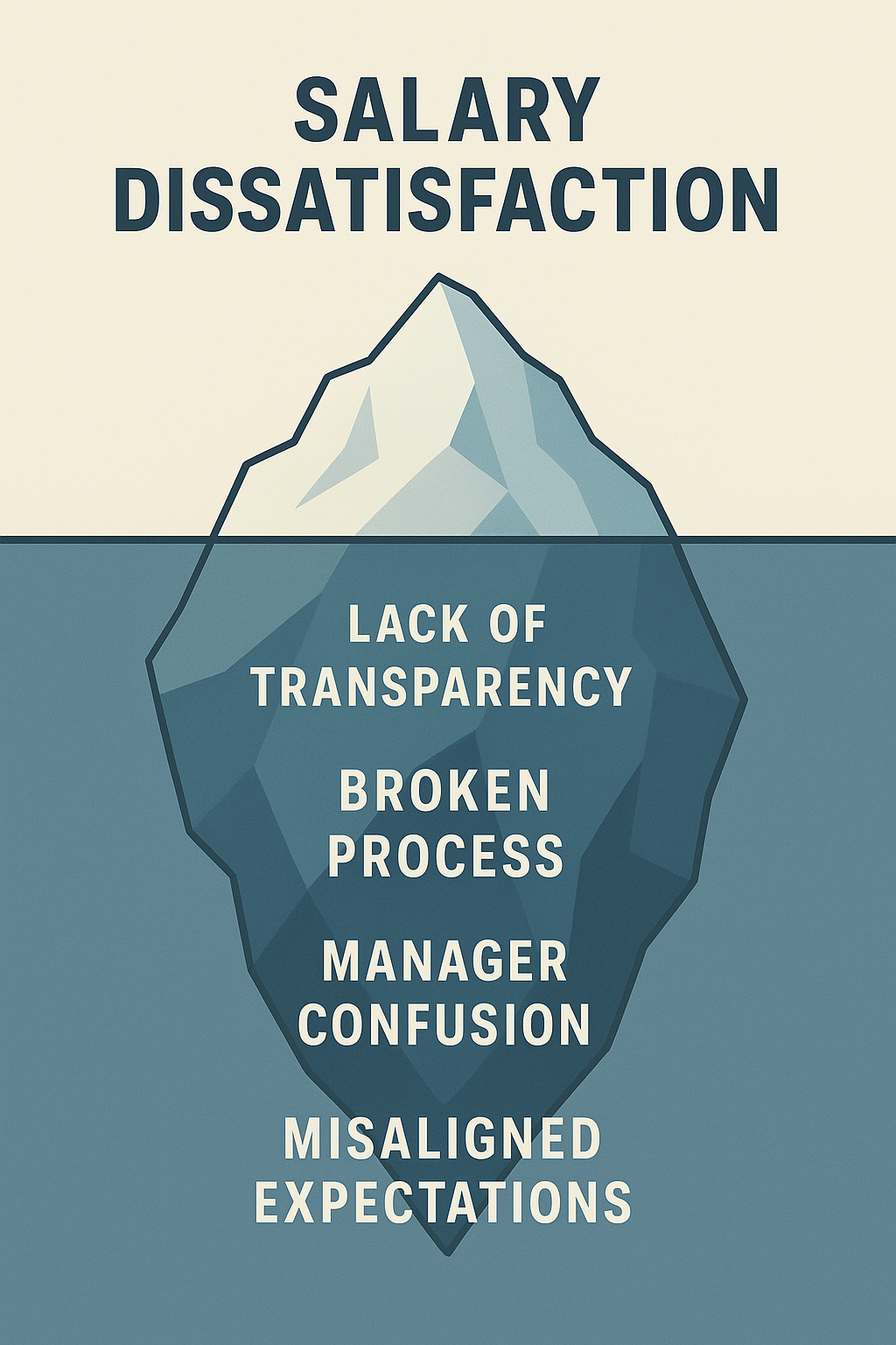 Illustration of an iceberg representing hidden causes of salary dissatisfaction.