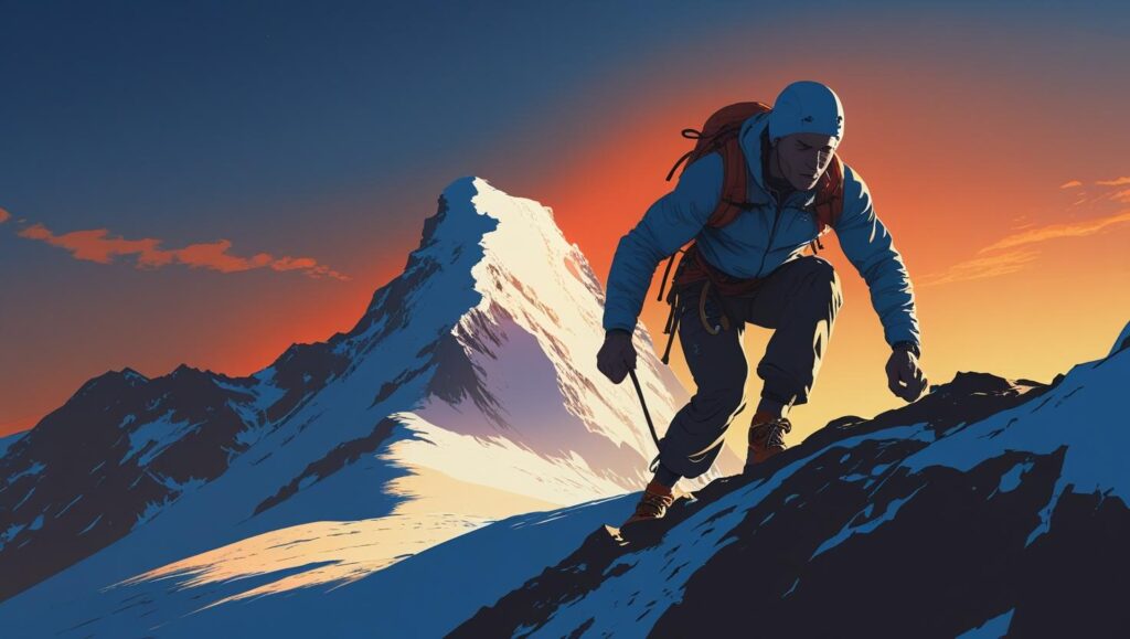 A mountain climber pushing through fatigue to reach the summit