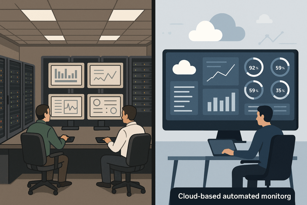 Computer operators analyzing cloud automation data on multiple screens showing performance metrics and infrastructure dashboards for career transformation