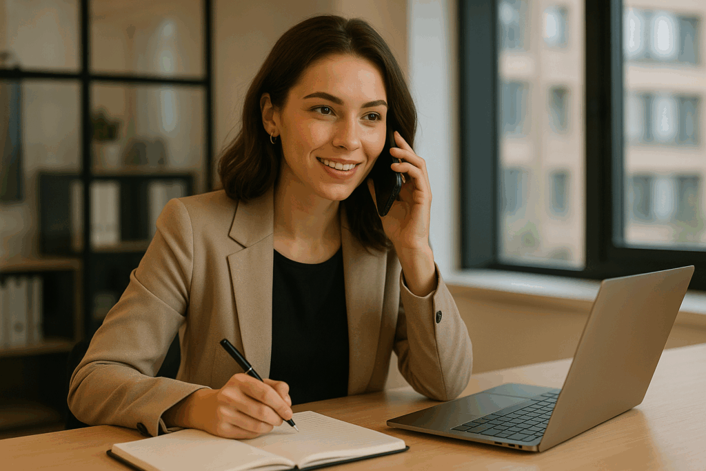 New HR employee confidently handling HR salary negotiation call with professional notes and support materials