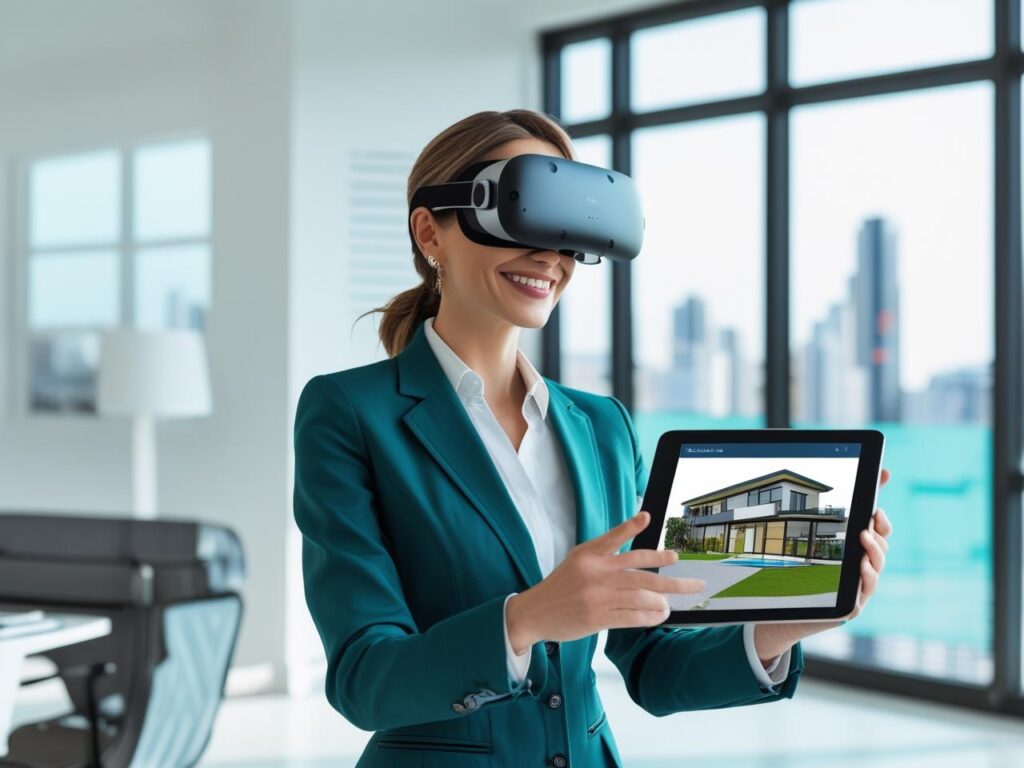 Real Estate Agent using VR and tech tools in modern property tour