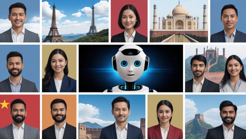 A central AI robot surrounded by diverse global professionals with international landmarks like the Eiffel Tower, Great Wall of China, and Taj Mahal in the background, representing the future global workforce.