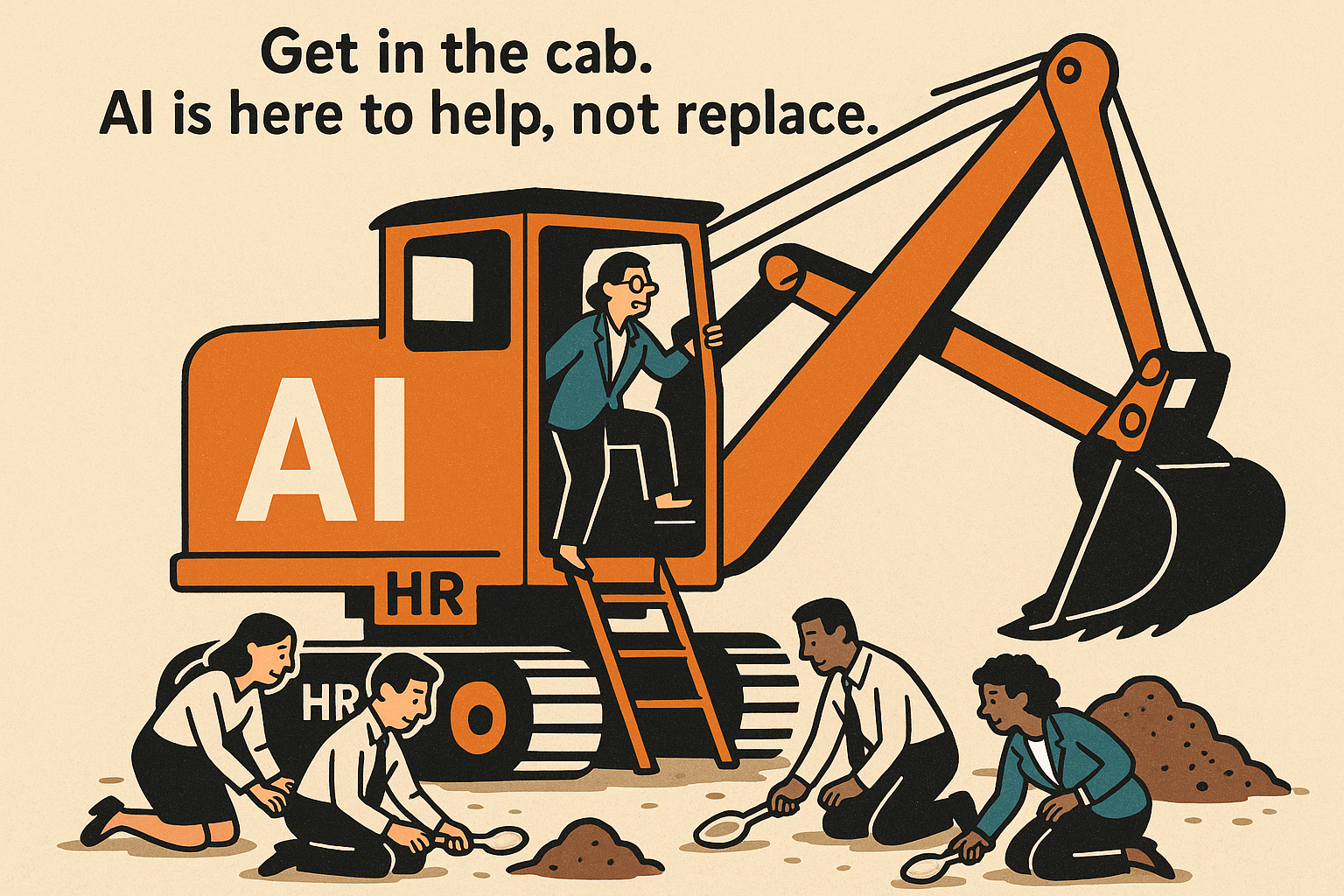 HR professional stepping into a large excavator labeled “AI” while others use teaspoons