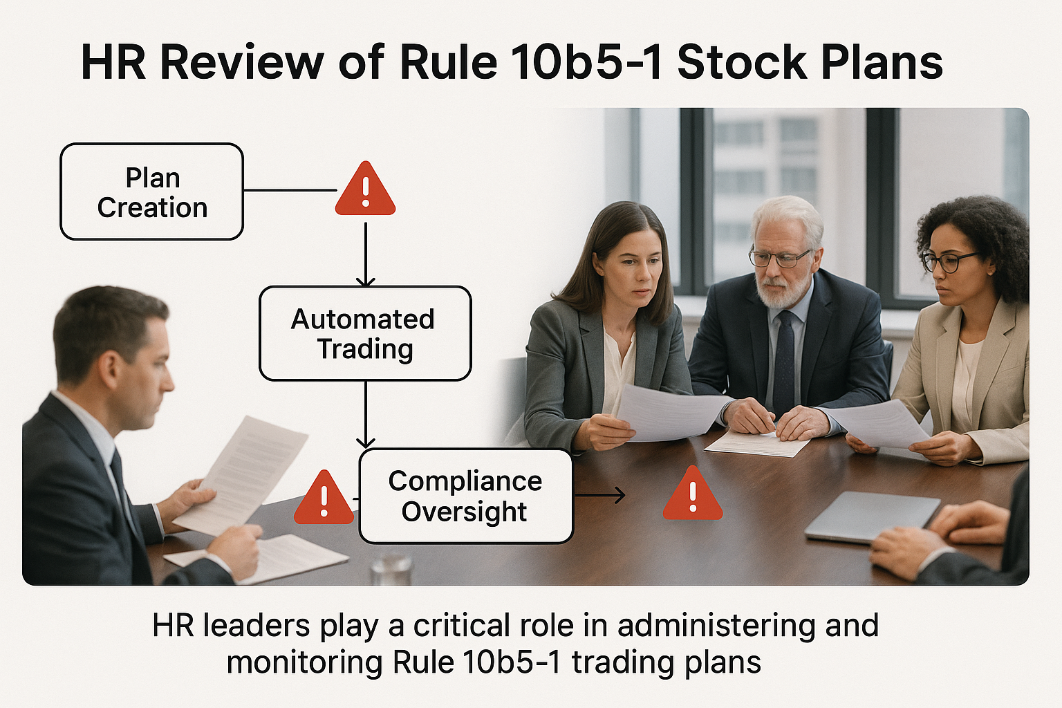 HR professionals reviewing Rule 10b5-1 trading plan documentation