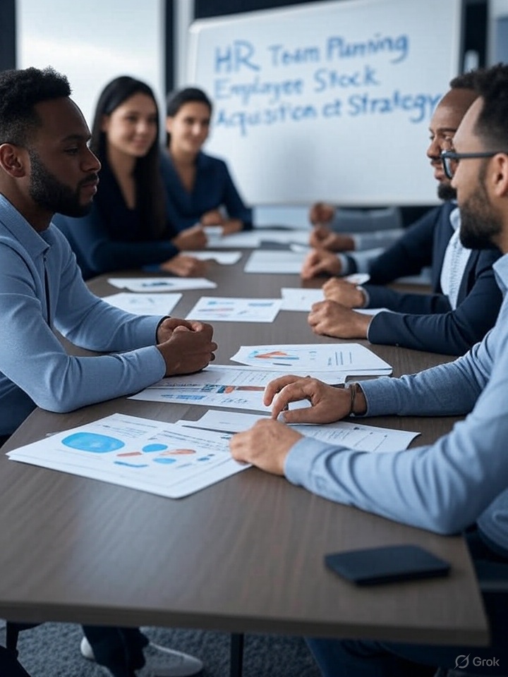 HR professionals discussing employee stock acquisition impact during company merger planning meeting
