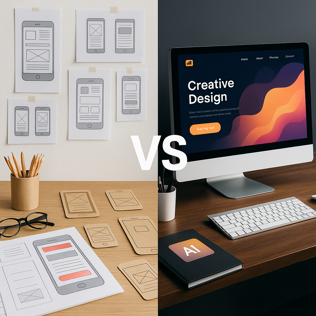 Side-by-side comparison of paper-based creative design process versus digital design on a computer screen.