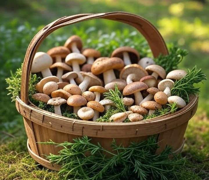 Basket of wild mushrooms and herbs, symbolizing careful foraging.