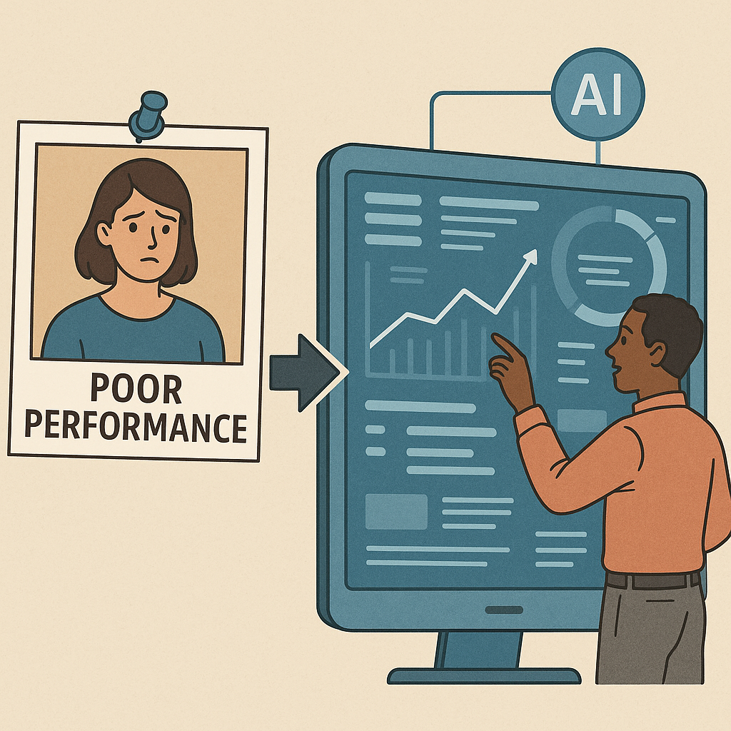 Employee performance assessment evolution from poor performance snapshot photo to AI-powered analytics dashboard with manager analyzing growth data and performance insights