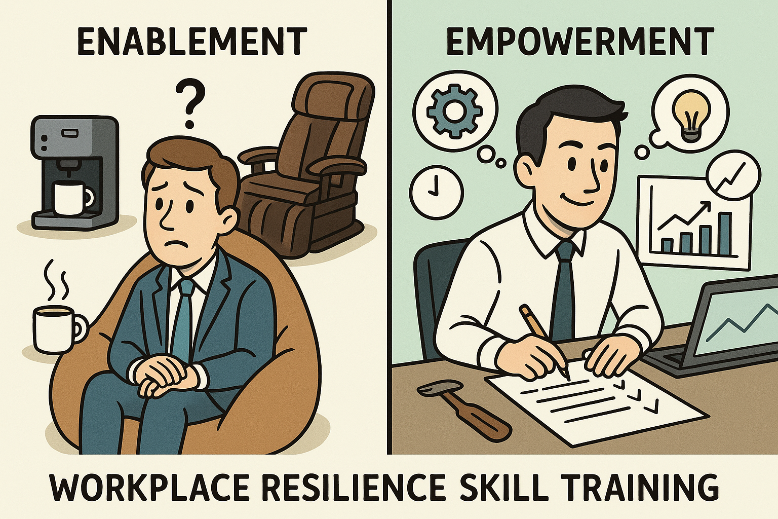 Illustration comparing enablement and empowerment in workplace resilience skill training, showing comfort perks versus active problem-solving