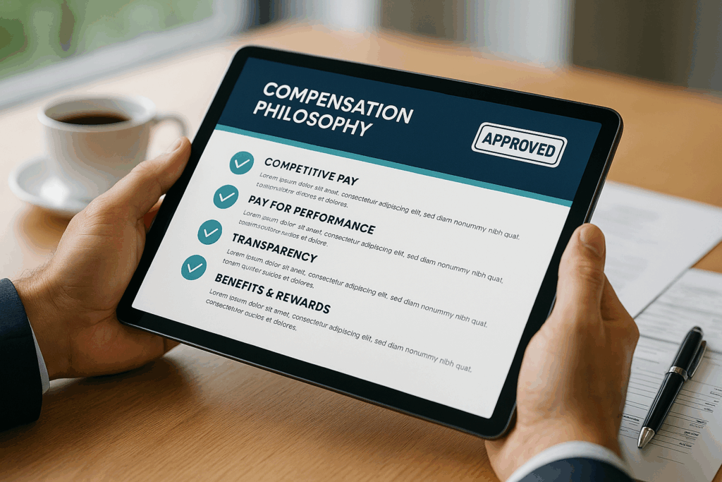Professional holding tablet displaying approved compensation philosophy template with checkboxes for competitive pay and performance criteria