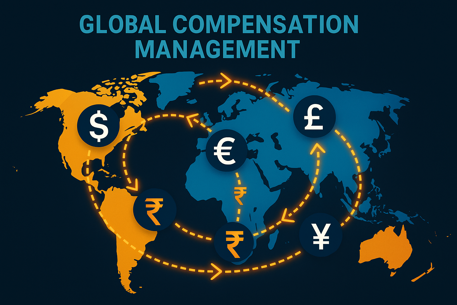 Global compensation reviews with multiple currencies visualized on a world map.