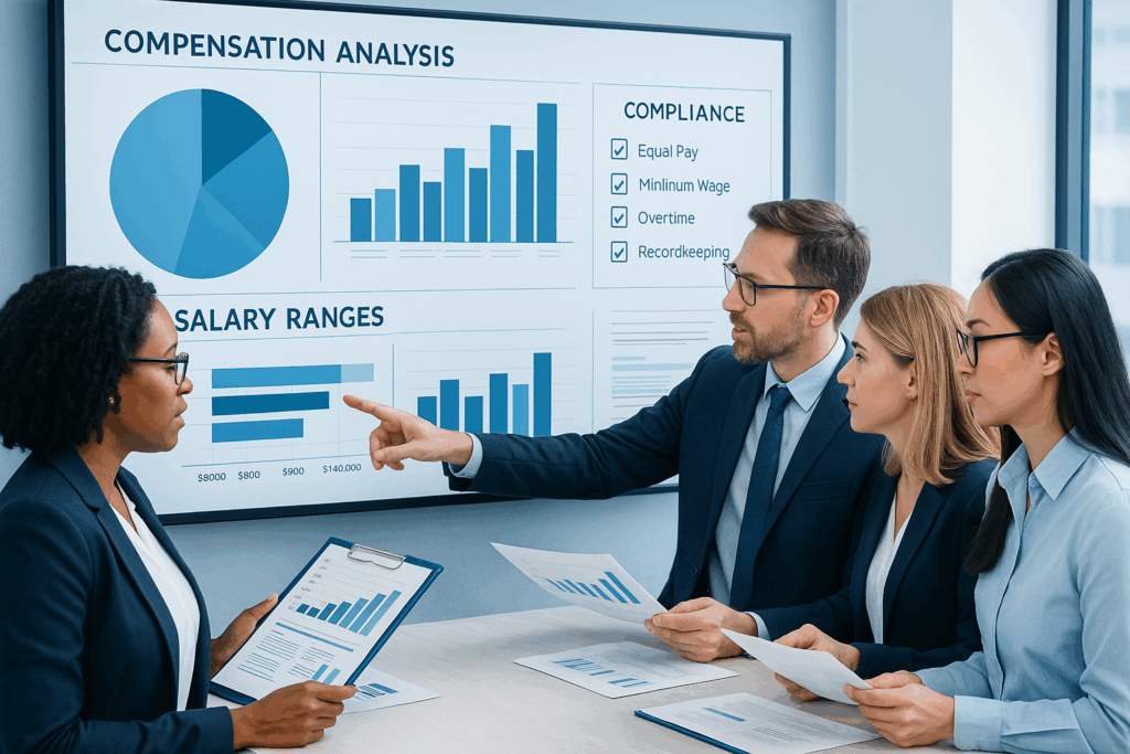 HR team conducting a compensation data audit with compliance charts.