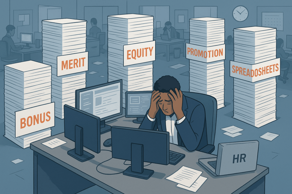 HR professional overwhelmed by tall stacks of paper labeled Merit, Equity, Promotion, Bonus, and Spreadsheets representing fragmented compensation management systems