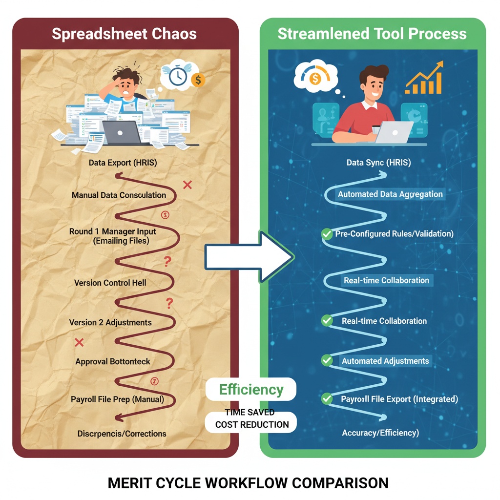 Merit cycles without an HRIS workflow comparison showing spreadsheet errors versus automated compensation tools