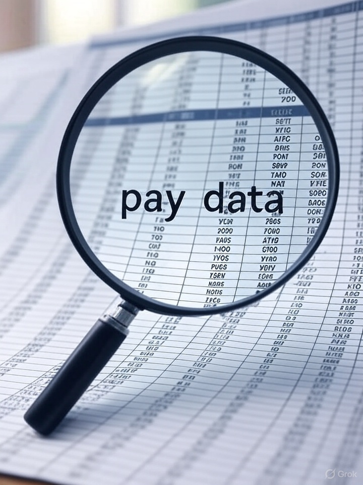 Magnifying glass over pay data.