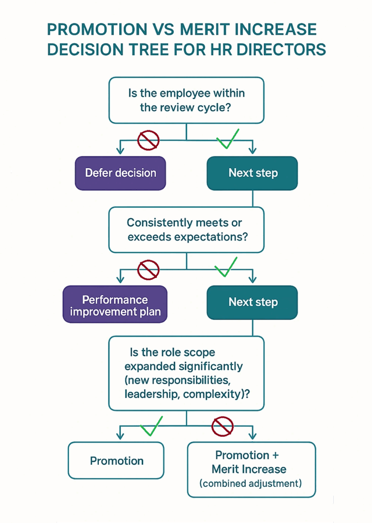 Flowchart showing decision tree for HR directors choosing between promotion, merit increase, or performance plan.