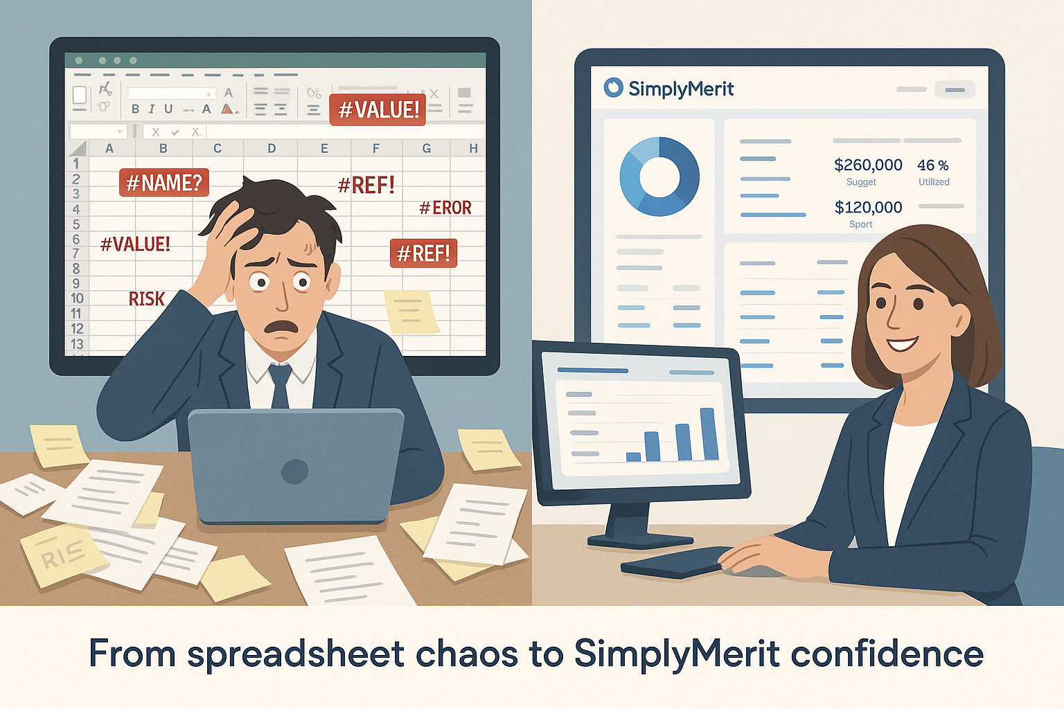 HR professional stressed over broken spreadsheets vs. HR leader confident with SimplyMerit dashboard
