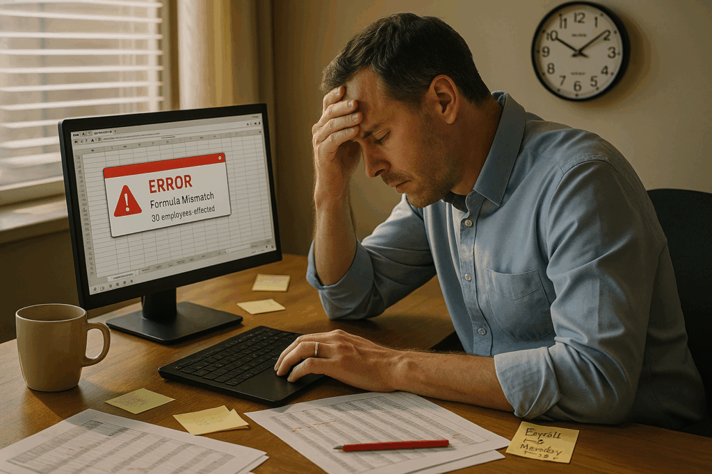 HR professional looking stressed at computer showing "ERROR: Formula mismatch" with clock