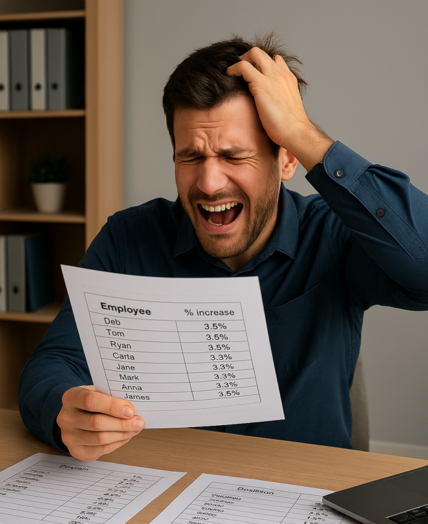 Frustrated manager reviewing spreadsheets with identical pay increases.