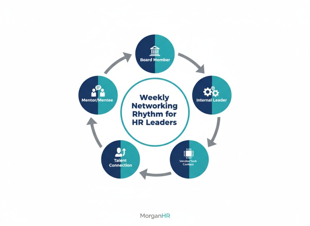 Circular diagram showing five types of corporate networking in HR: board member meetings, internal leader connections, vendor contacts, talent connections, and mentor relationships in a weekly rhythm