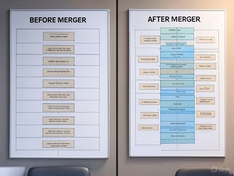 Comparative view of two HR department organization charts: one labeled 'Before Merger' showing pre-transition hierarchy, and the other labeled 'After Merger' displaying post-transition role structures and changes.