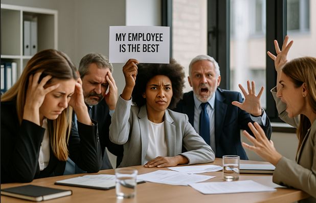 Chaotic pay calibration meeting with managers arguing and someone holding "my employee is the best" sign while others look frustrated