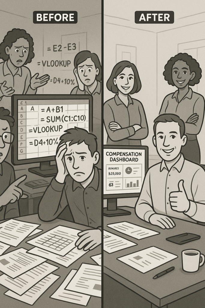 Bonus planning before and after comparison showing chaotic spreadsheets versus organized dashboards