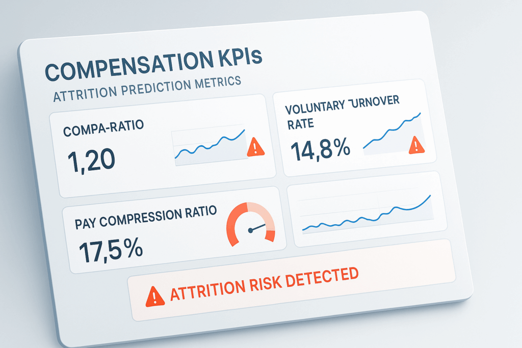 Compensation dashboard highlighting attrition risk metrics including compa-ratio pay compression and voluntary turnover rate thresholds