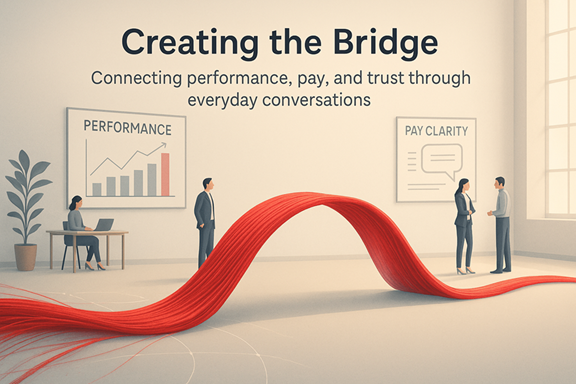 Illustration of managers connecting performance and pay through open dialogue, symbolized by a red bridge linking two teams.