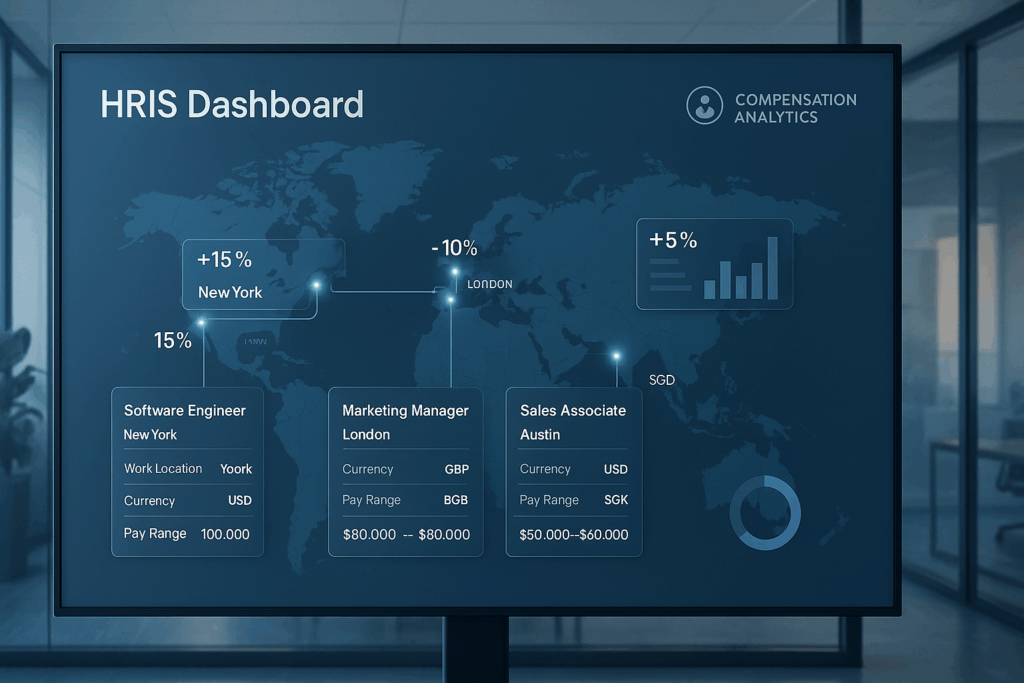 Global HRIS dashboard displaying pay differential data by employee work location.