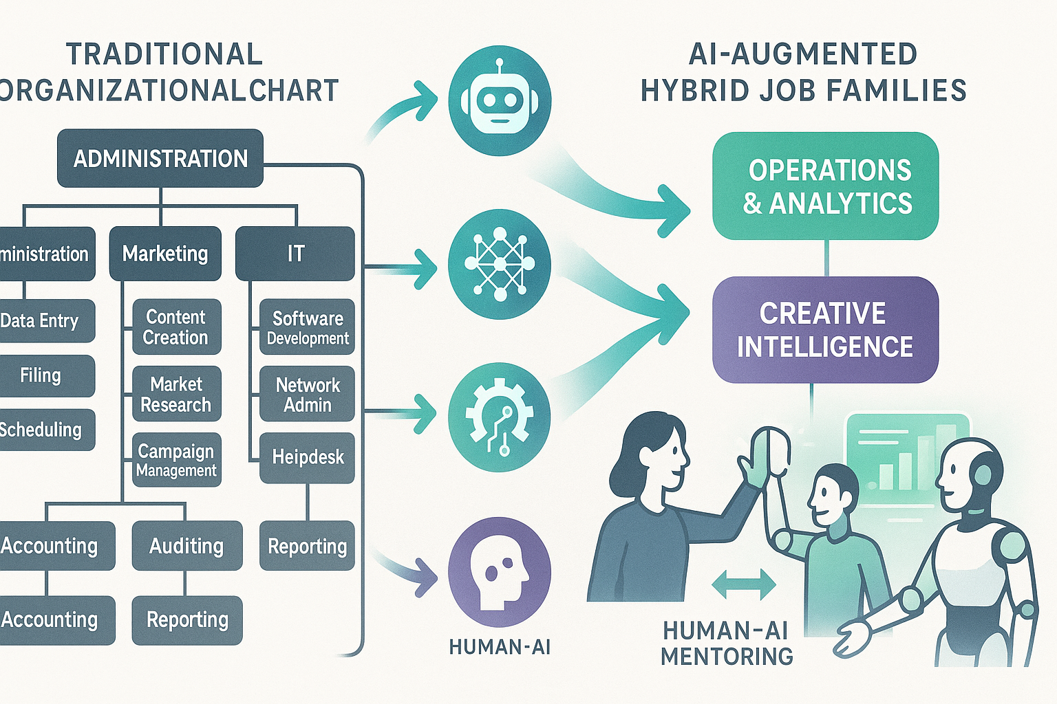 Job architecture AI era transformation diagram showing traditional roles evolving into consolidated hybrid families with human-AI collaboration nodes