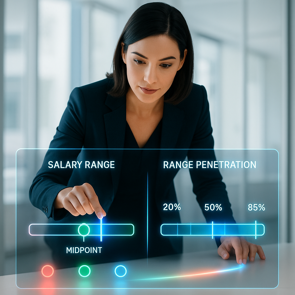 HR professional analyzing digital salary range and range penetration dashboard, visualizing midpoint and pay progression metrics.