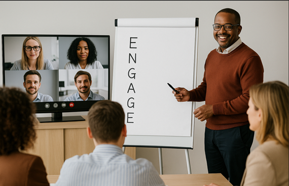 Manager leading hybrid compensation training session with “ENGAGE” model on whiteboard.